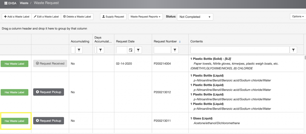 Go to "Haz Waste Label" green icon (first left column), a new tab or window (depending on your browser preferences) will show up. If a Haz Waste Label doesn't appear, make sure your "Pop-up Blocker" is off