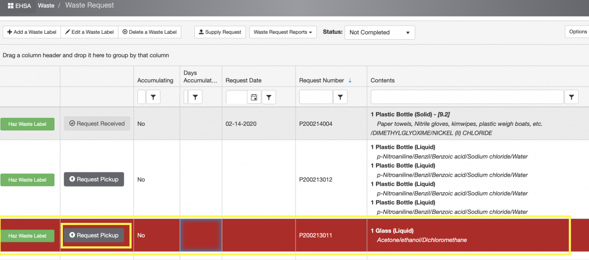 Click on "Request Pickup" blue icon (second left column), a confirmation notification will pop out.