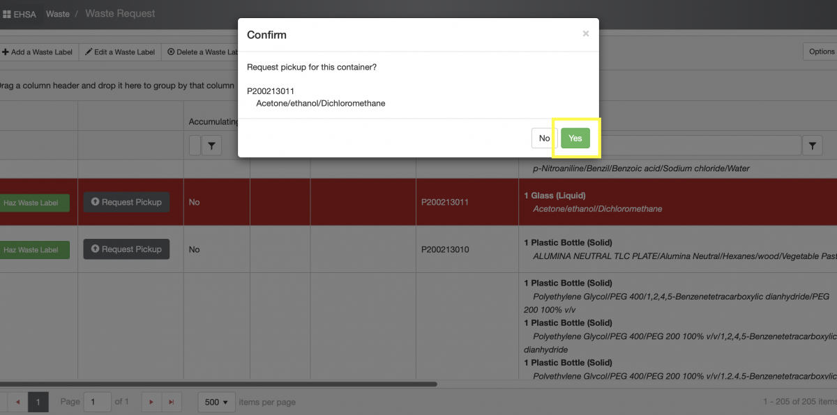 Click on "Yes" if this is a correct item for a pick up request