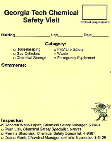 Georgia Tech Chemical Safety Visit note slip