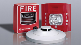 fire alarm pull station, strobe light, and smoke detector